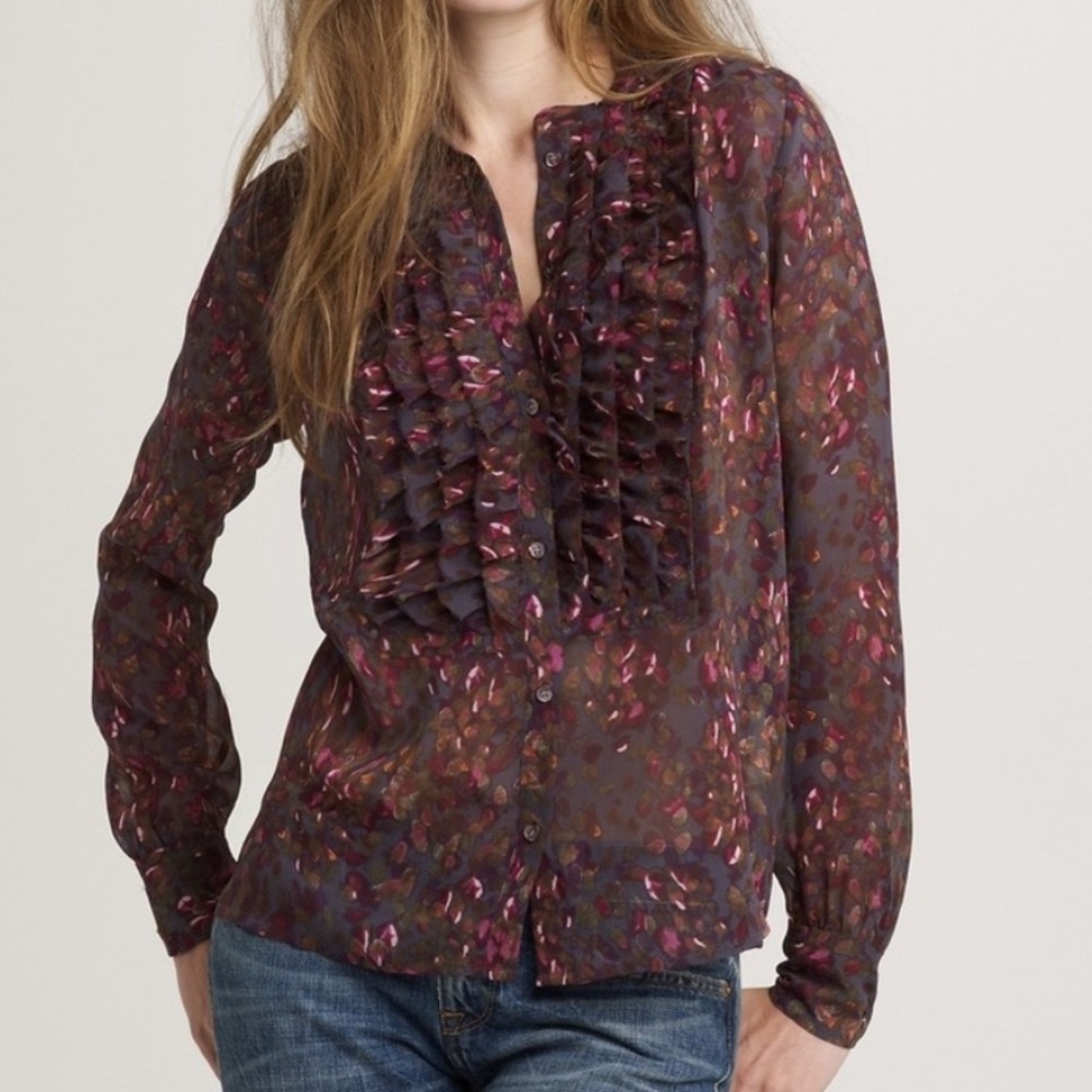J. Crew Silk Floral Blouse Ruffle Placket Button Front Bayberry Flouncette 6 - Picture 11 of 11